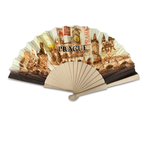 Wooden-textil Hand fan Prague Retro
