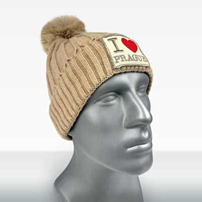 Winter hat with Pom-Pom I love PRAGUE beige