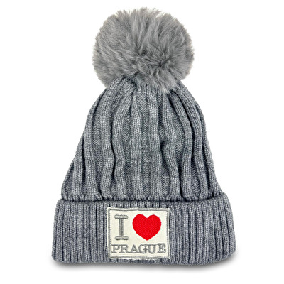 Winter hat with Pom-Pom I love PRAGUE grey