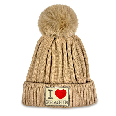 Winter hat with Pom-Pom I love PRAGUE beige