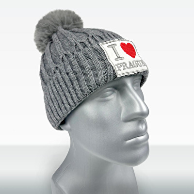 Winter hat with Pom-Pom I love PRAGUE grey